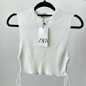 NWT!! ZARA Cropped Sleeveless Knit Top Side Ties Basic Tank Top in White Size-M